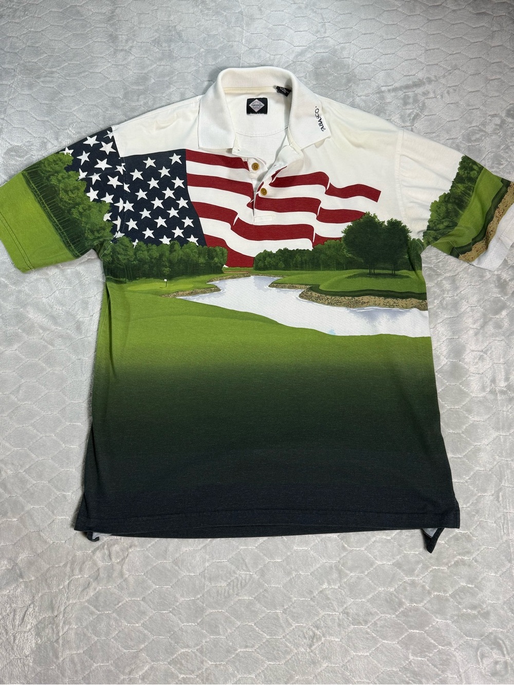 Vintage Tabasco Golf Polo Shirt L American Flag Golf Course Patriotic USA